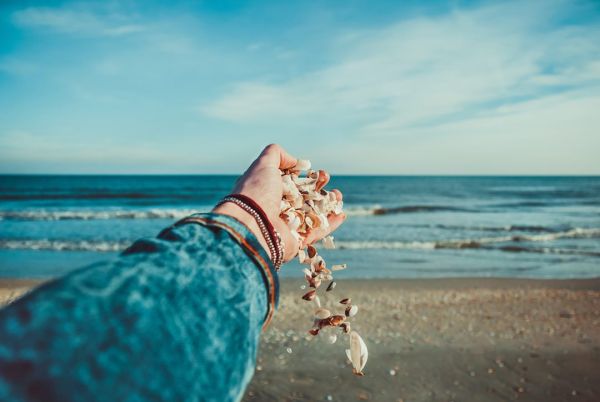 Hand reaching out to ocean holding shells